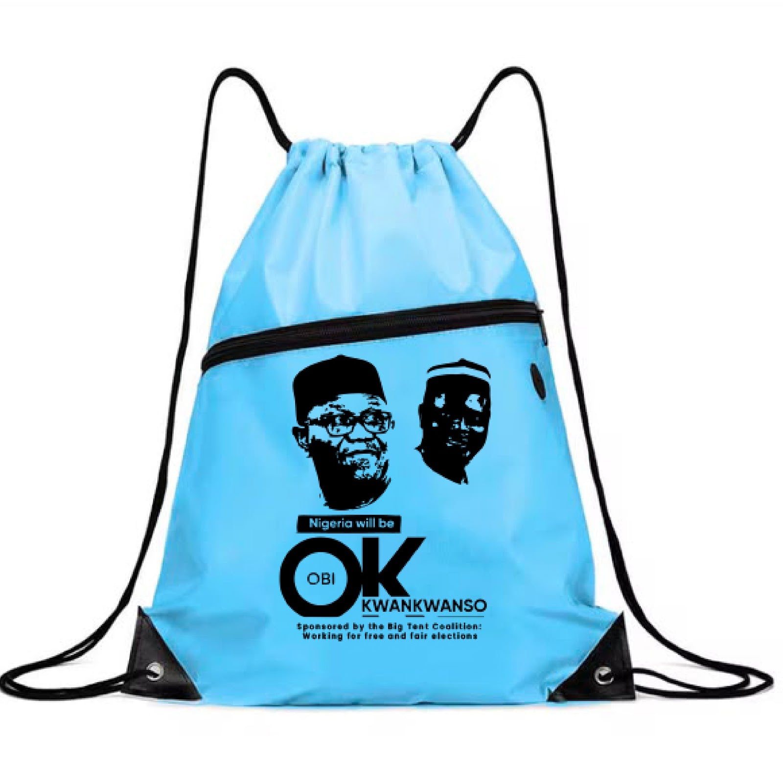 Blue Obi Kwankwaso drawstring bag with front zippered pocket