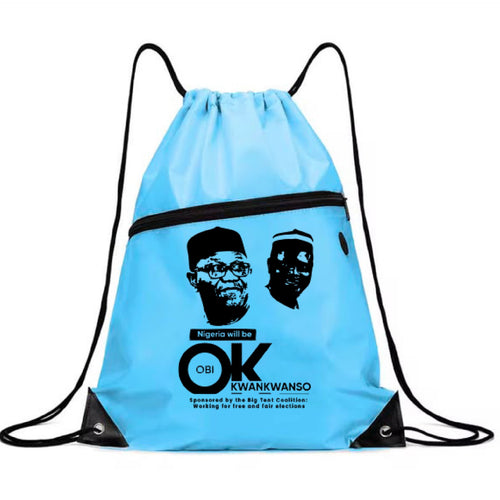 Blue Obi Kwankwaso drawstring bag with front zippered pocket