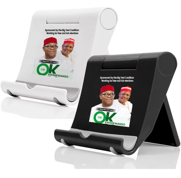 Black and white phone stand featuring the Obi Kwankwaso design