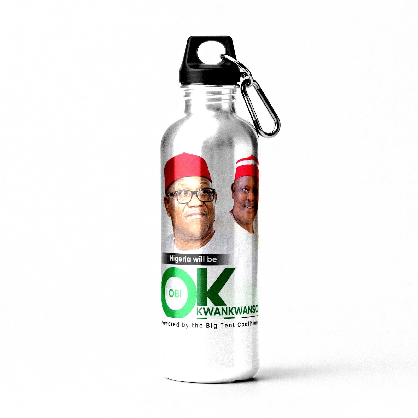Silver steel reusable water bottle featuring an image of Obi Kw